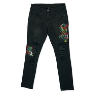 Young & Reckless Jeans Mens 30 Black Embroidered Dragon Streetwear Skater Denim
